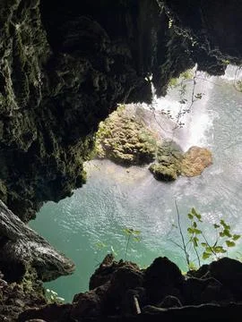 Hidden Paradise: View from Inside the Waterfall Cave Stock Photos