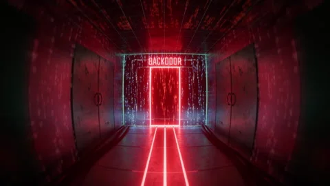 Hidden passage to computer code in futuristic red room, cyber intrusion concept Stock Footage 348154471