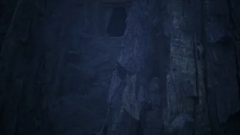 Hidden stone archway with deep blue illumination and shadowed surroundings 스톡 동영상 334684904