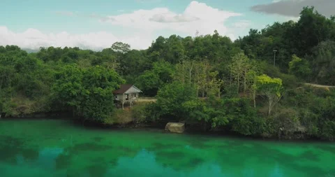 Hidden Tropical Lagoon Surrounded by Dense Forest Aerial View Stock Footage 336950425