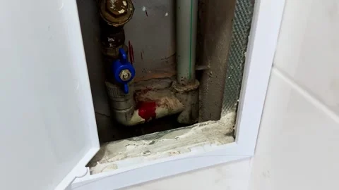 Hidden Utility Panel Reveals Corroded Pipe and Tight Valve Setup Video stock 314934486