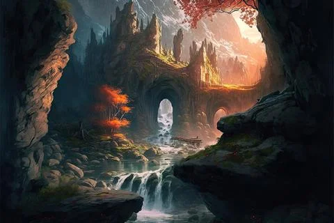 A Hidden Valley By A Large River Stock Illustration
