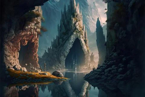 A Hidden Valley On Mountainous Cliffs Stock Illustration