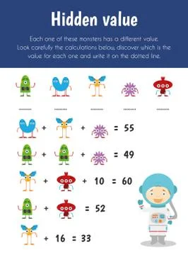 Hidden value Educational Sheet. Primary module for Numerical Ability. 5-6 yea Stock Illustration