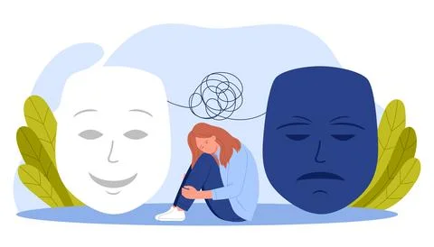 Hide depression and stress, tiny woman hiding thoughts under happy and depressed イラスト素材