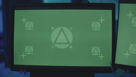 Hideout Place has Dark Atmosphere. Office with Green Mock-up Screens. Multiple Stock Footage 165610460