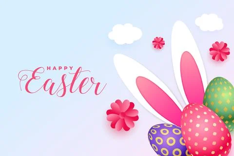 Hiding bunny behind realistic easter eggs background with flower Stock Illustration