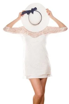 Hiding face behind sun hat Stock Photos