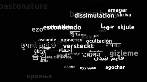 Hiding Translated in 54 Worldwide Languages Endless Looping 3d Zooming Wordcl Video stock 145196970