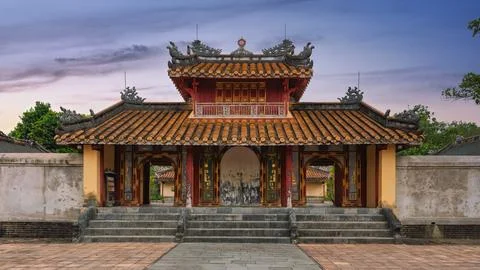 Hien Duc Gate, triple-gate entrance to Tomb of Minh Mang, Hue, Vietnam 스톡 사진