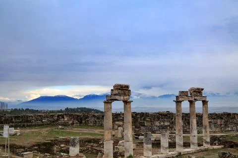 Hierapolis columns with mountains background Stock Photos