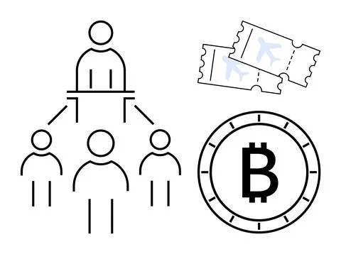 Hierarchical Team Structure with Bitcoin Symbol and Airplane Tickets Repres.. Stock Illustration