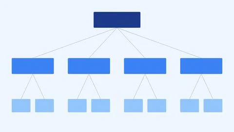 Hierarchy diagram with connected rectangular nodes in blue gradient shades Stock Illustration