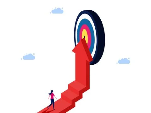 Hierarchy of progress to achieve goals. Steps to success. woman walking up th Illustrazione stock