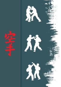 Hieroglyph of karate and men demonstrating karate. Stock Illustration