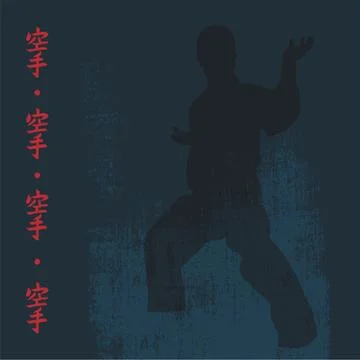 Hieroglyph of karate and men demonstrating karate. Stock Illustration