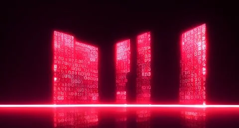 Hieroglyphs of aliens in the room bright reflections. Cyber reality room. 库存插图