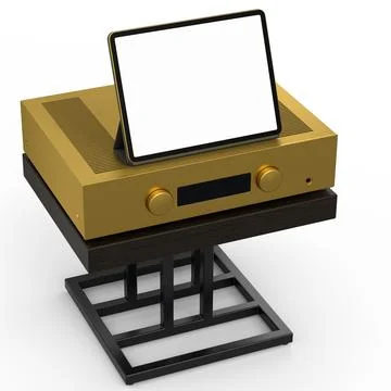 HiFi system with tablet and amplifier on stand for home theater on white. Illustrazione stock
