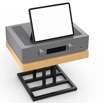 HiFi system with tablet and amplifier on stand for home theater on white. Stock Illustration