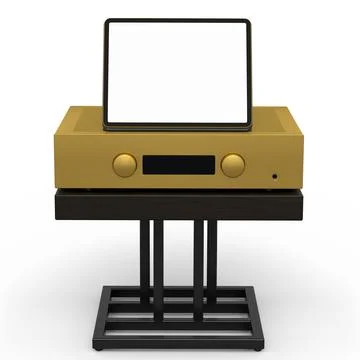 HiFi system with tablet and amplifier on stand for home theater on white. Illustrazione stock