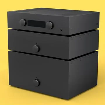 HiFi system with turntable and amplifier for home theater on yellow backgroun Illustrazione stock