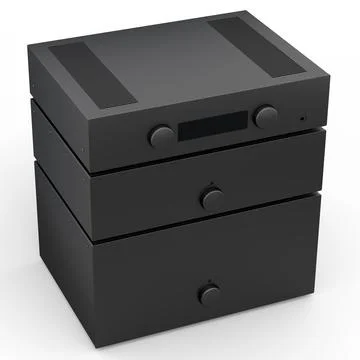 HiFi system with turntable and amplifier for home theater on white background. Illustrazione stock