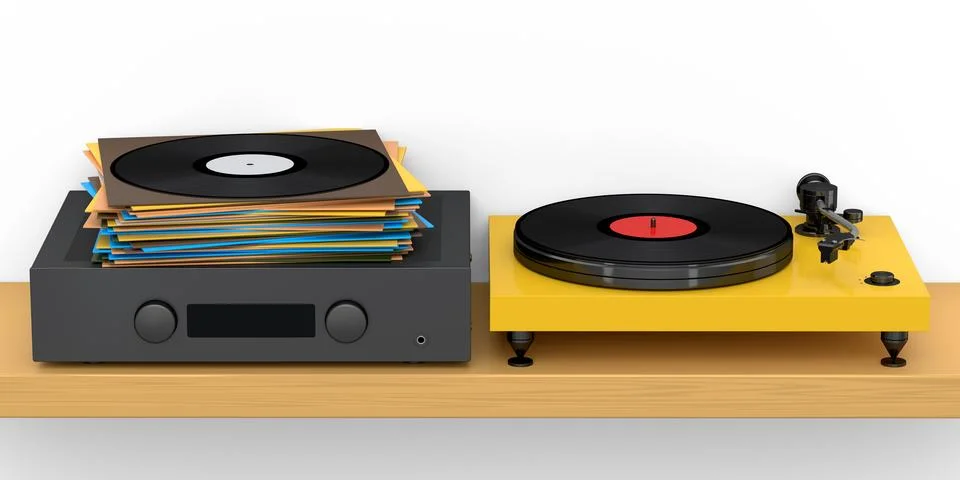 HiFi system with turntable and amplifier for home theater on white background Illustrazione stock