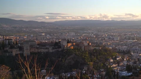 High above panoramic view of Alhambra Palace in Granada, Spain at sunset Stock Footage 176225038