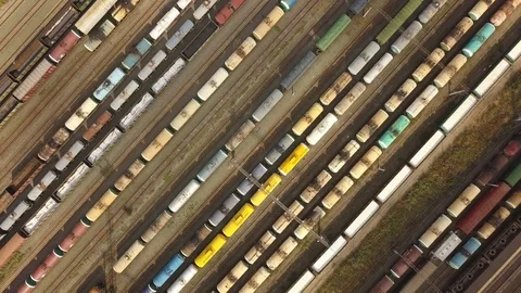 High above top view of cargo train carriage texture standing on a railroad st Video stock 96168875