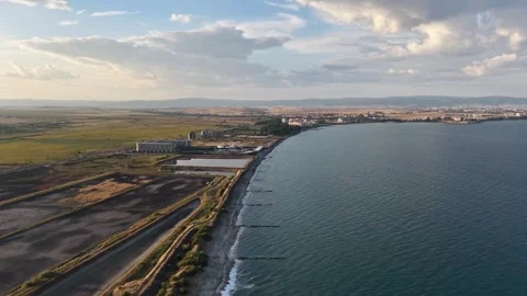 High Aerial 4K View of Salt Pans, Wave Resort Complex and Black Sea Shoreline 動画素材 342019946