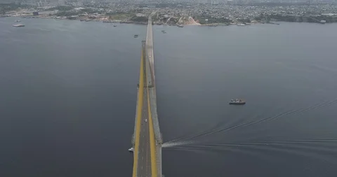 High aerial above the cable-stayed Rio Negro Bridge that links the cities of Stock Footage 101293270