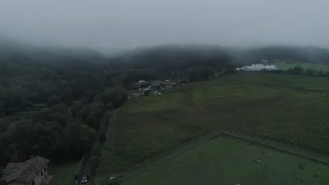 High aerial approach towards Bodega Astobiza estate over vast grape fields Stock Footage 325382478