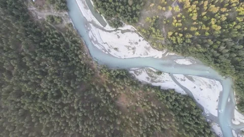 High aerial drone ascent, mountain river and forest Stock Footage 337408110
