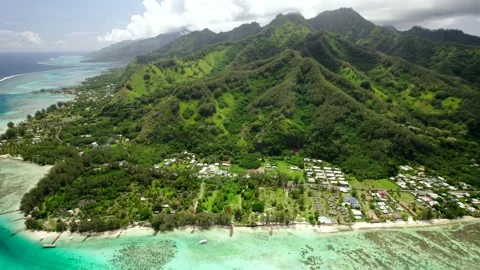 High Aerial Drone Flying Up of Tropical Island Moorea &amp; Mountains 10Bit Stock Footage 171964853
