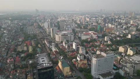 High aerial drone shot capturing Hanoi Railway Station tracks, central Stock Footage 347569039