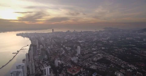 High Aerial Drone View Over Gurney Drive And Georgetown At Sunrise, Penang, Stock Footage 80212945