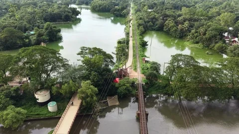 High aerial drone view of a road and railway track passing green forest lake Stock Footage 341525828
