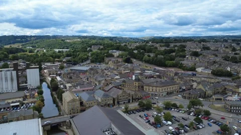 High aerial drone view of the town of Brighouse in West Yorkshire Stock Footage 315289959