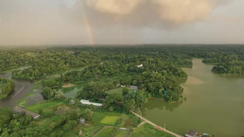 High aerial drone view of a vibrant rainbow over green forest landscape Stock Footage 341541460