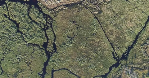 High aerial fly over view of the waterways and lagoons of the Okavango Delta Stock Footage 78209595