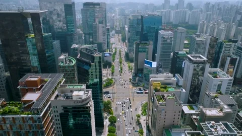 High Aerial Forward Flight Over Gangnam Skyscraper Rooftops Stock Footage 345212451