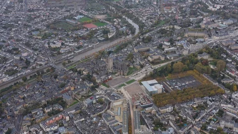 High aerial large view of le Mans cathedral city center France Sarthe cloudy day Stock Footage 119984250