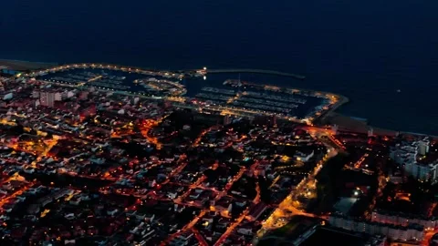High Aerial Night Flight Over Alella, Spain | Coast, Marina &amp; Highway | 4K Stock Footage 302912007