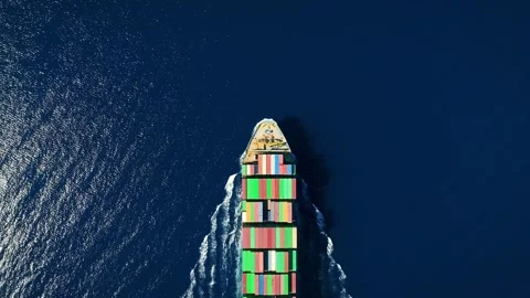 High aerial overhead view of a large industrial container cargo vessel Video stock 294977209