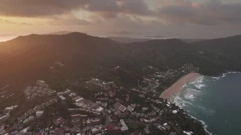 High Aerial Pan Shot Over Kata And Kata Noi At Sunrise, Phuket, Thailand Stock Footage 80360960
