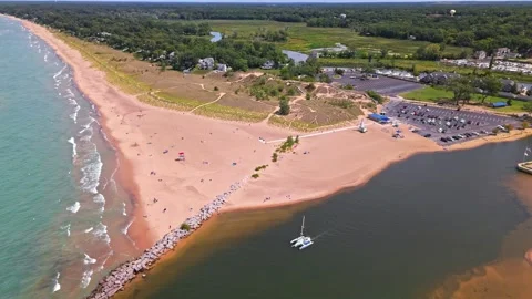 High aerial push in shot of New Buffalo Beach Stock Footage 323655846