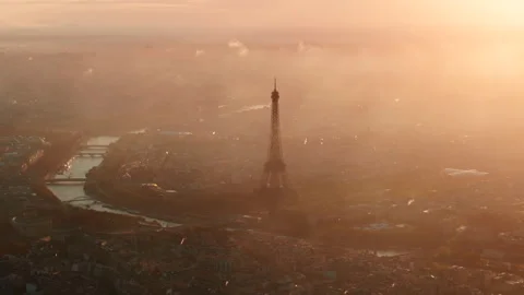 High aerial shot over the Eiffel tower Paris at sunrise Stock Footage 291627414