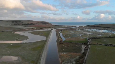 High aerial shot of a river network leading to the sea Video stock 124709252