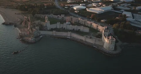 High Aerial Video Orbit Left Around Mamure Castle Sunset Anamur Turkey Stock Footage 88949723