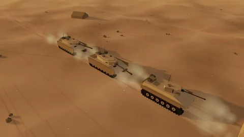 High aerial view of an armored column advancing across open desert at golden Stock Footage 341045849
